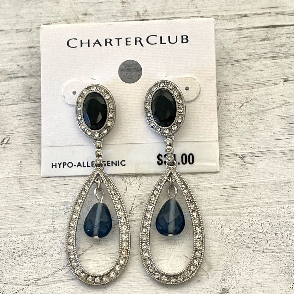 Charter club NWT silver tone and blue rhinestone drop earrings